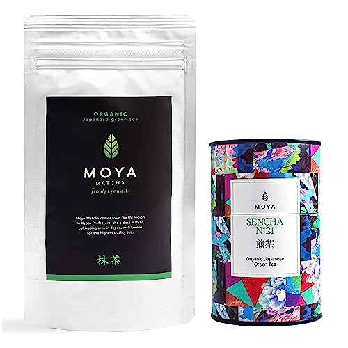 MOYA MATCHA Combo of Organic Tea Green Powder - 250g & MOYA MATCHA Combo of Organic Japanese Sencha Green Tea Loose Leaf NO. 21-60g | Tea from Japan | Friendly for Vegans and Vegetarians