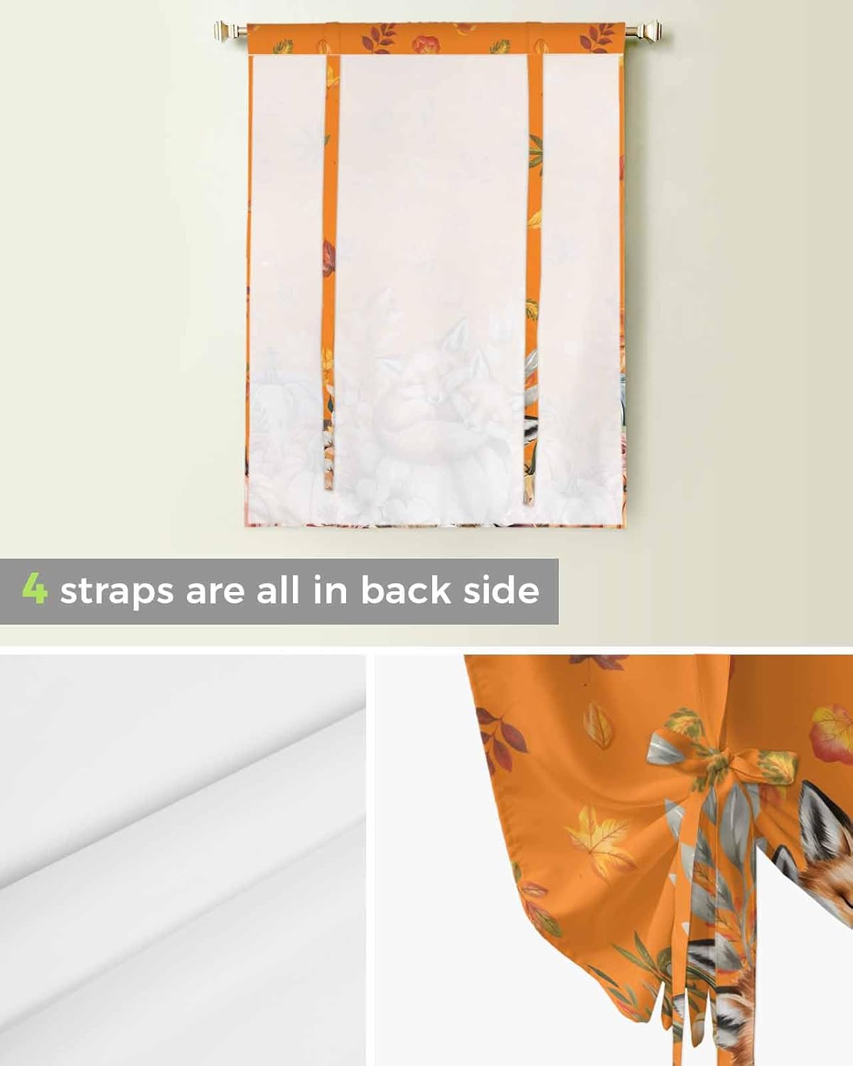 Tie Up Curtains for Windows, Yellow Fox Fall Kitchen Curtain Adjustable Balloon Window Shades, Pumpkins Thanksgiving Botanical Leaves Valance Curtains for Living Room/Bedroom/Cafe 46"x63"