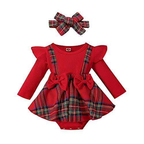 Image of MERSARIPHY Baby Girl Fall Winter Outfits Plaid Christmas Romper Newborn Dress Infant Lace Ruffle Ribbed Knit Cute Clothes Set