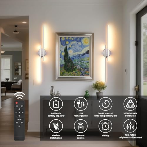 Image of Wireless Battery Operated Wall Sconces with Remote, USB Rechargeable Led Wall Lights, 3000K-6000K Wireless wall sconces for Bedroom, Hallway, Living Room, Chrome 31.4 inch Wall Light Set of Two