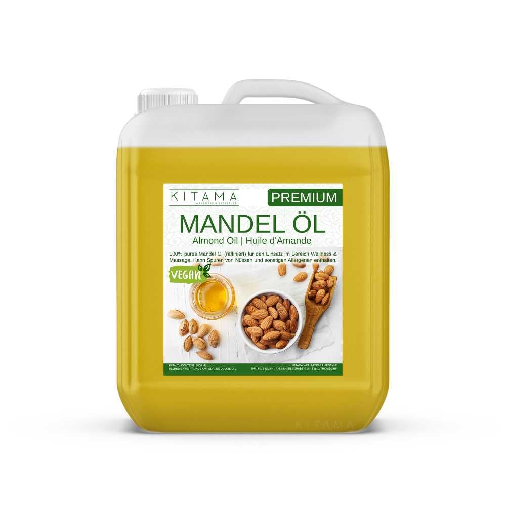 Kitama Olejek migdałowy, 100% czysty, 5000 ml (5 litrów), naturalny olejek dla niemowląt, naturalny olejek pielęgnacyjny do skóry i włosów – idealny do aromaterapii jako podstawowy olejek do masażu