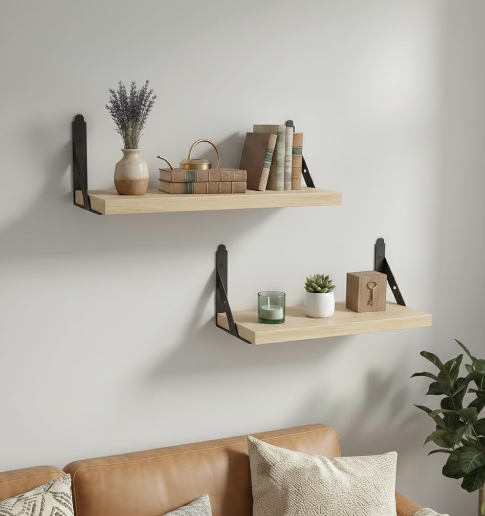 Decazone Wooden Floating Wall Shelf for Books | Wall Mounted Bookshelf for Living Room & Bedroom | Decorative Wooden Wall Shelf Rack | Solid Pine Wood | L 17 x D 5 Inches (2)
