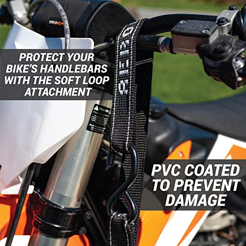 Aerofast Ratchet Tie Down Straps For Motorcycles | New Zealand Made Motorcycle Tie Down 1.5" X 8" Heavy Duty Dirt Bike Tie Down Straps With Soft Loop & Swivel Carabiner | 3,000Lbs (2 Pack) Black Color #TOP3