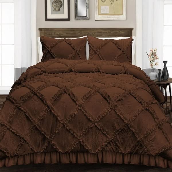 100% Egyptian Cotton, 3 PCS Cross Diamond Ruffle Rajai/Duvet Cover Set (1 Diamond Ruffle Duvet Cover and 2 Pillow Cover) 400 Thread Count, Soft and Comfy- Chocolate Solid King Size-image-16