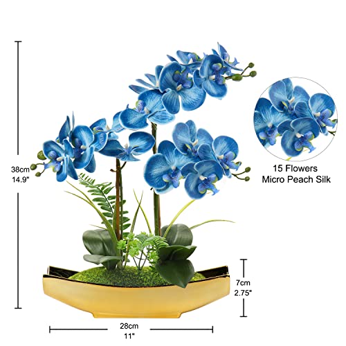 Briful Orchids Artificial Flowers 15" Blue Phalaenopsis Orchid With Gold Pots Real Touch Fake Orchid Fake Plant For Home Office Bathroom Living Room Wedding Party Decoration #TOP1