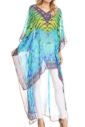Caftan Zeke Sakkas imprimé turquoise et jaune, robe tunique fluide taille unique pour femme