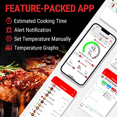 ThermoPro TempSpike 150M Termómetro Inalámbrico para Carne con Bluetooth, Termómetro de Cocina Impermeable IP67 para el Horno, Freidoras, Asar, Ahumar y Barbacoa