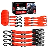 Jack Boss Ratchet Tie Down Straps Set, 1500 lbs Break Strength, 1' x 15' Heavy Duty Ratchet Straps with 4X Soft Loops Padded Handles Coated S Hook, Fits for Moving Appliances Motorcycle, Orange-Red