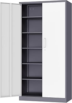 Metal Cabinet Steel Storage Cabinet - 71” Tall Steel File Cabinets with Lockable Doors and 5 Adjustable Shelves Gray&White Storage Cabinets for Home, School, Office, Garage