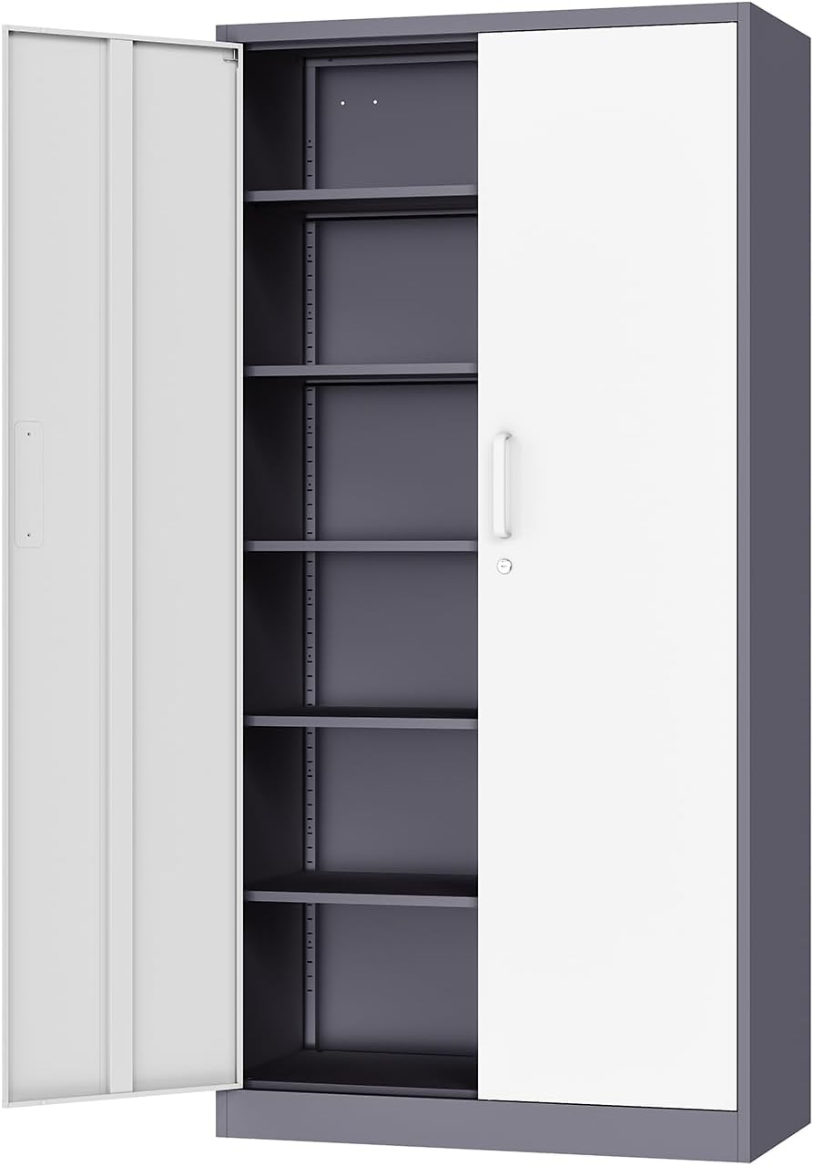 Metal Cabinet Steel Storage Cabinet - 71” Tall Steel File Cabinets with Lockable Doors and 5 Adjustable Shelves Gray&White Storage Cabinets for Home, School, Office, Garage
