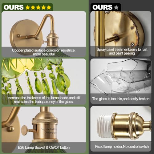 Image of Vintage Battery Operated Wireless Wall Sconces, Rechargeable Battery Brass Wall Lights,Luxury Corridor Lamp with Remote for Dining Room Hallway Living Room, Set of Two Green