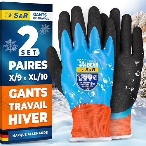 S&R Gant de Travail Hiver Homme (2 Paires) – Gants Travail Hiver Homme Thermique Impermeable Anti Froid Fourrés en Acrylique - Gant de Bricolage Jardinage - Gants de Travail Manutention
