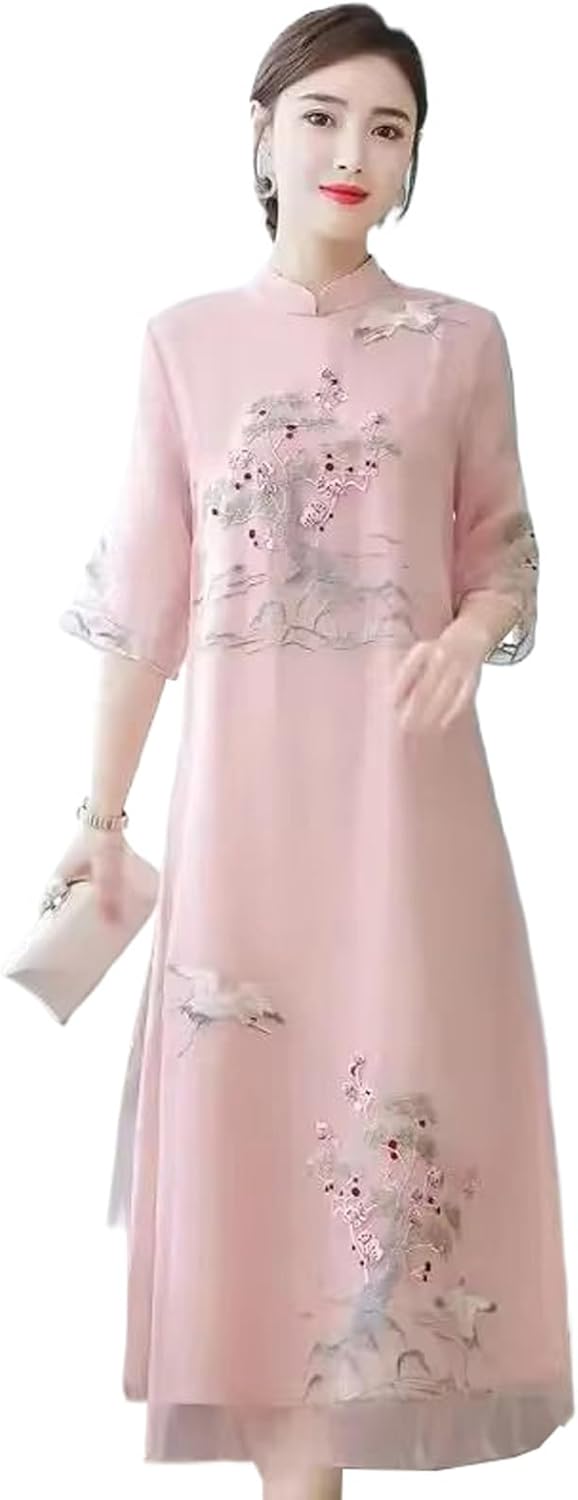 Chinese Cheongsam Dress Summer Embroidered Long Dress National Stand Collar Half Sleeve Women Loose Qipao