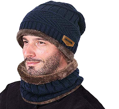 Kata Beanie Hat Thick Knit Hat Warm Fleece Lined Scarf Set Warm Thick Winter Hat For Men & Women (Blue)