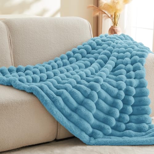 Image of BEDELITE Faux Fur Throw Blanket for Couch, 770GSM, 50 inch x 60 inch, Light Blue | Soft and Cozy Luxurious 3D Striped Fluffy Blanket, Warm Plush Fuzzy Faux Rabbit Fur for Women Gift, Stylish Room Decor