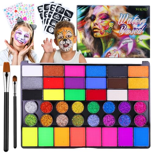 Set de maquillage pour enfants, 42 couleurs de peinture pour le visage Ensemble de maquillage pour enfants avec pinceaux professionnels, 4 pochoirs, 2 autocollants en diamant, peinture pour le corps – vue 8