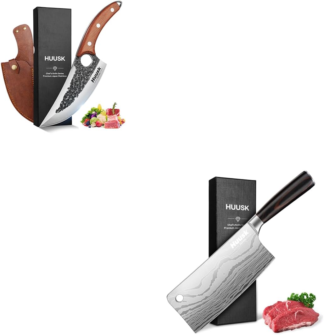 Huusk Meat Cleaver Knife 7 Inch Bundle With Hand Forged Butcher Knife for Meat Cutting