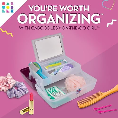 Image of Caboodles On-The-Go Girl Makeup Box, Two-Tone Violet on Silver Sparkle, Hard Plastic Makeup Organizer Box, Built-In Mirror, Secure Latch for Safe Travel, Spacious Storage for Large Items