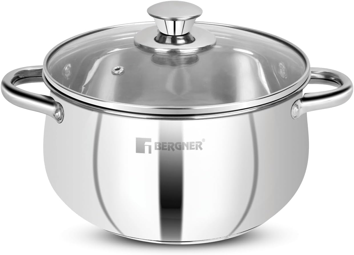 Acier Stainless Steel 16cm (2 Liters) Casserole with Glass Lid, Ergonomic Handle for Prefect Grip, Mirror Shiny Finish, Even Heat Distribution, Induction Base Capsule Bottom, Gas Stove Ready