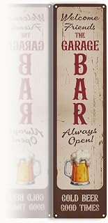 Rustic Wall Art for Bar Decor, “Welcome Friends – Garage Bar” Vintage Tin for Workshop, Basement, Game Room, Porch or Entryway, Weather-Resistant, Easy to Hang, 15.8 x 4 Inch