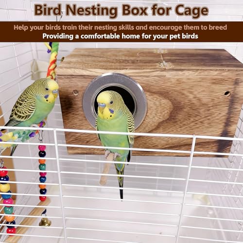 Image of kathson Parakeet Nesting Box,Wooden Budgie Breeding Mating Boxes,Parrots Nest House Hut for Cage,Bird Nesting Box for Lovebirds,Conure,Canary,Finch and Small Medium Birds, M
