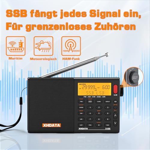 XHDATA D808 Tragbares Digitales Radio, Weltempfänger Radio, Kurzwellenempfänger, UKW-Stereo/KW/MW/LW SSB Air Band Weltempfänger, RDS, Radio batteriebetrieben, mit Externer Antenne (Schwarz)