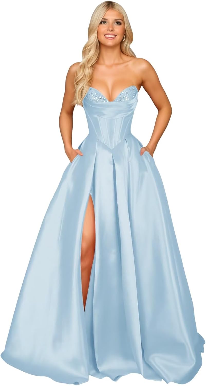 Cudiew Satin Corset Prom Dress for Women Sparkly Sequin Strapless Maxi A Line Ruched Formal Evening Ball Gown