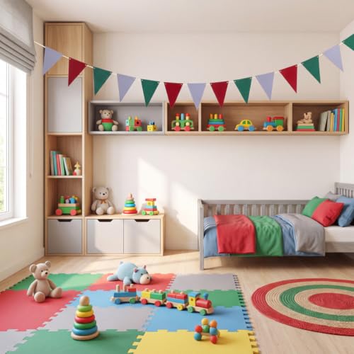 Image of MOWO Red Green and White Pennant Banner Paper Bunting, 30 Counts, 20 feet