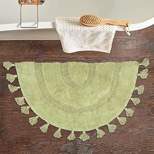 Half Circle Boho Bathroom Rug with Tassels 100% Cotton Hand-Woven Bath Mat Non Slip Absorbent Bath Rugs with Rug Pad Washable Boho Bath Mat Carpet for Tub, Shower 20"x32",Sage Green
