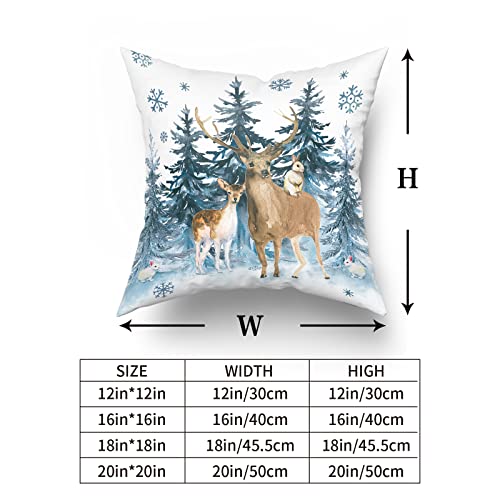 Forest Reindeer Snow Decorative Pillow Cover Set Of 2, Winter Wonderland Pillowcase Soft Breathable Cushion Pillow Cases Watercolor Deer Blue Snowflakes Decoration For Sofa Bedroom Car 18 X 18 Inch #TOP5