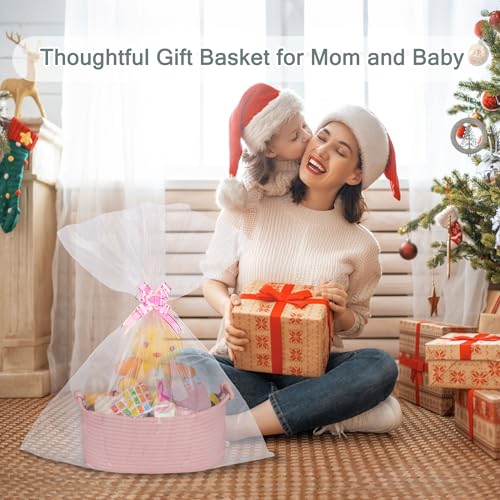Image of COMSE Small Gift Basket Empty with Bag & Ribbons, Solid Dusty Pink