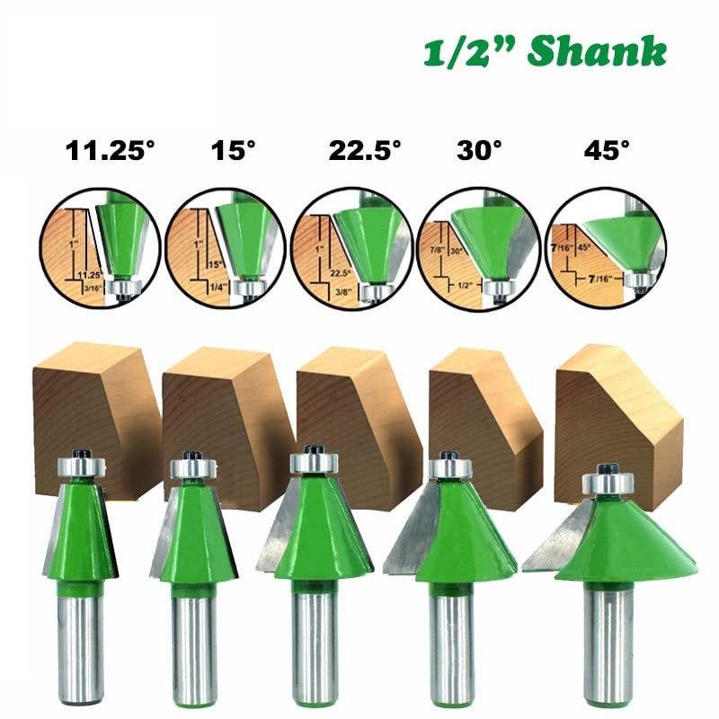 Set di Frese for Smusso 5 Pezzi con Codolo 1/2 11.25 15 22. 30 for La Lavorazione del Legno da 45 Gradi(12.7mm Shank)