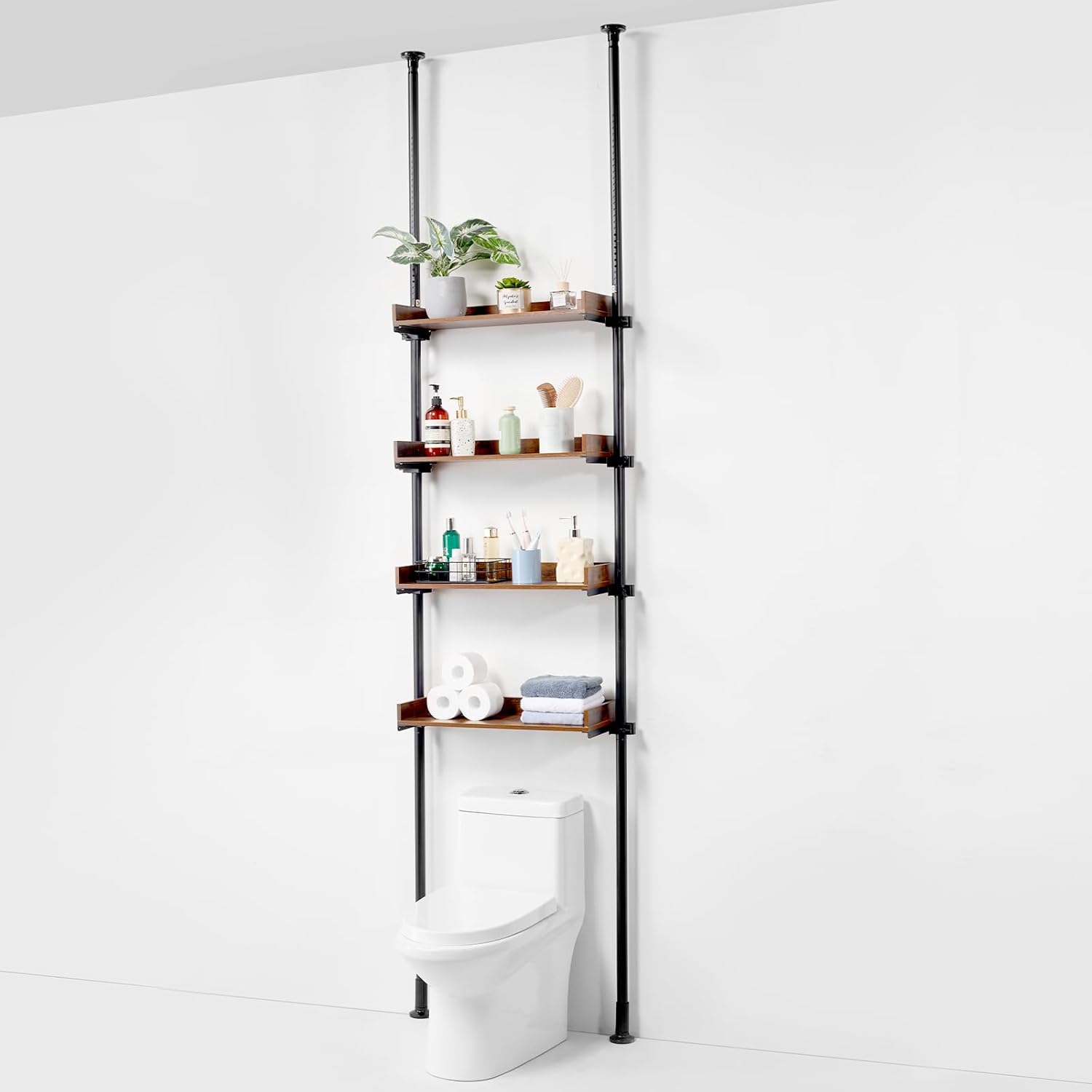 VEVOR Over the Toilet Storage, 4-Tier Adjustable Over Toilet Bathroom Organizer, Low-carbon Steel 53"-132" Tall Storage Shelf Rack, Easy Assembly Laundry Space Saver, for Small Rooms, Fit Most Toilets Aluminum+Wood