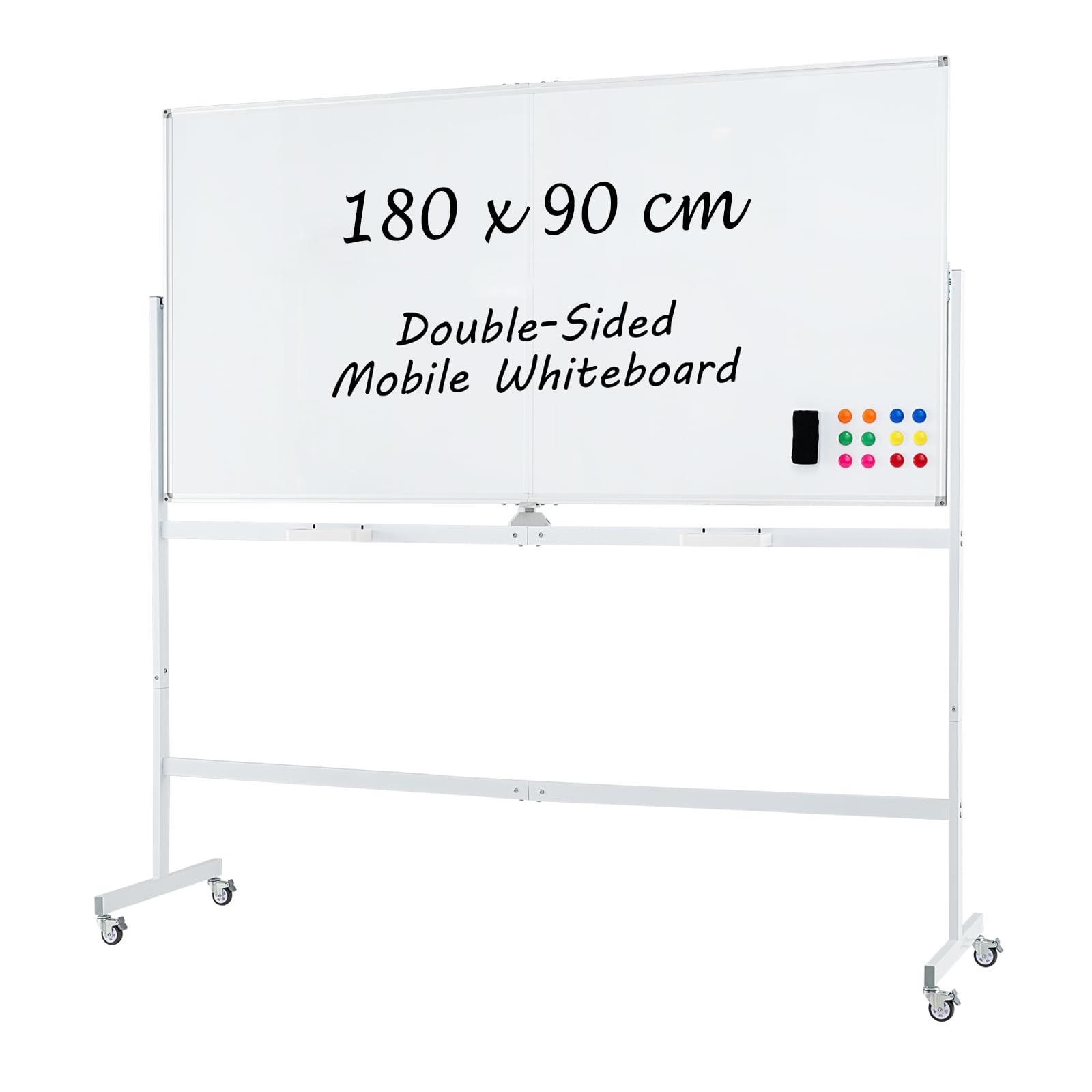 CASART Double Sided Easel-Style Whiteboard, Height Adjustable Dry Erase Board with Stand, Eraser, Magnets & Markers, Mobile Magnetic Whiteboard for Office Classroom (White, 180 x 90cm)