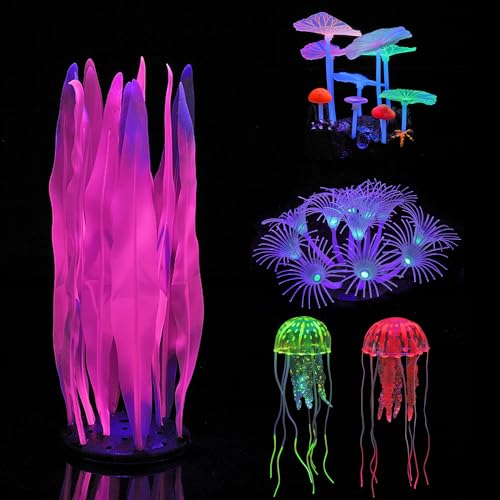 Image of Lpraer 5 Pack Glow Aquarium Decorations Kelp Coral Mushroom Sun Flower Jellyfish Simulation Glow Plant Glowing Effect Silicone for Fish Tank Decorations