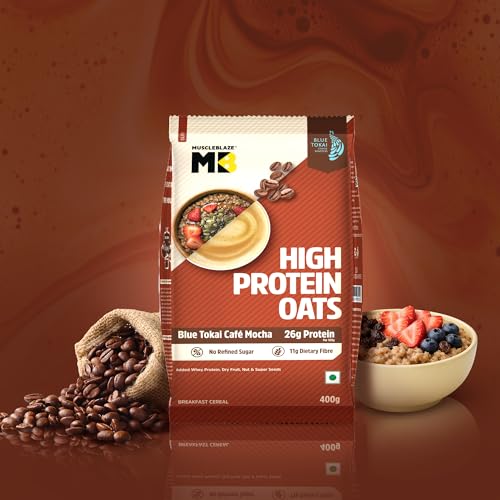 Image of MuscleBlaze High Protein Oats, Blue Tokai Cafe Mocha, 400g | 26g Protein | Breakfast Cereals for Weight Management