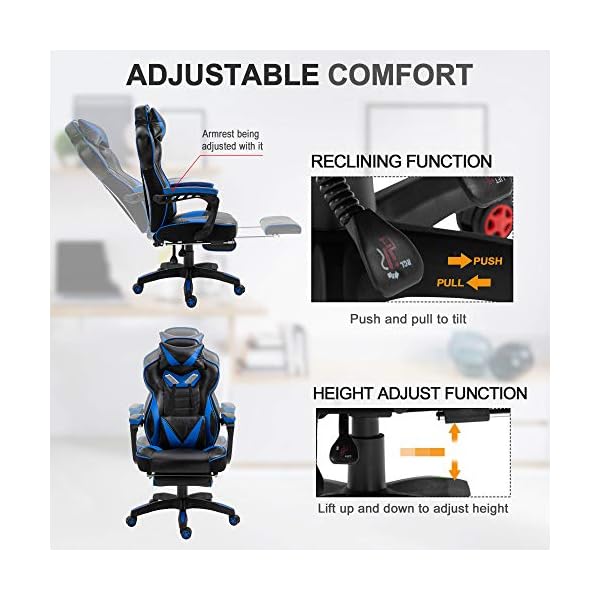 Vinsetto Ergonomic Racing Gaming Chair Office Desk Chair Adjustable Height Recliner with Wheels, Headrest,Lumbar Support Retractable Footrest Home Office - Image 5