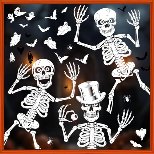 Xyxu Halloween Decorations Window Stickers, 10Sheets Scary Skeletons Window Clings with Bat, Ghost, Spider Designs, Reusable Static Clings for Indoor Window Decoration, Halloween Stickers for Windows