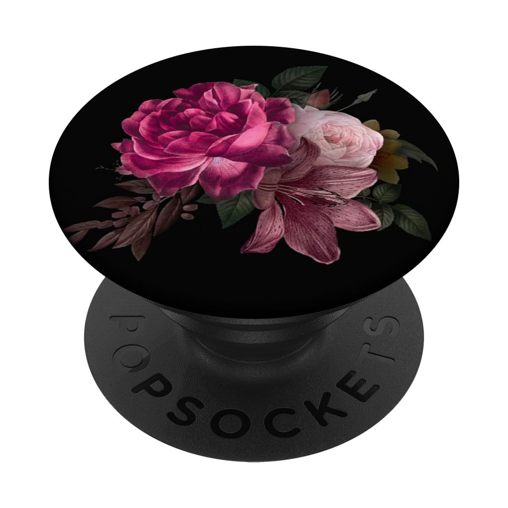PopSockets PopGrip Con Stampa Floreale Rosa E Viola Su Nero, Supporto E Presa Per Smartphone, Top Intercambiabile