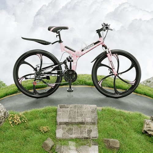 Image of Outroad 26 Inch Folding Mountain Bike, 21 Speed Full Suspension High-Carbon Steel MTB Foldable Bicycle, Dual Disc Brake Non-Slip Adjustable Seat Folding Bikes for Adults /Men /Women, Black, Orange