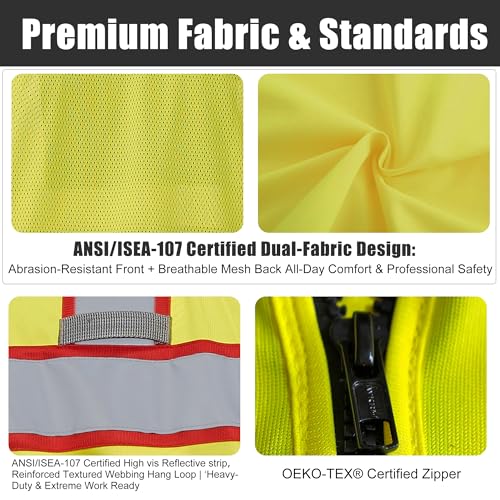 Image of High Vis Reflective Safety Vest for Men Women Zipper Ipad Pockets Mesh Construction Apparel Neon Vest for Work
