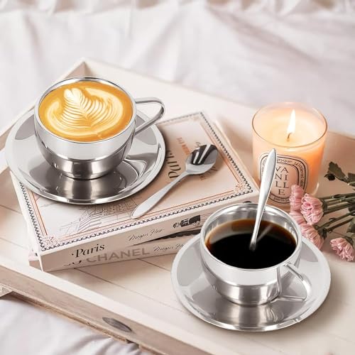 Miniatura 6 de Zerodis Juego De Tazas De Café De Acero Inoxidable, Taza De Café Aislada De Doble Pared, Espresso Europeo, Latte, Capuchino, Taza De Leche Con Platillo Y Cuchara