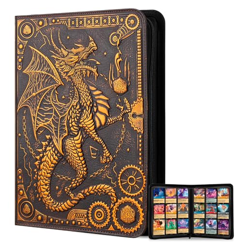 FEIDIAO Trading Card Binder,360 Side Loading Pockets Albums with Zipper,3D PU Leather Embossed Flying Dragon Card Books,9 Pocket Collectible Cards Game Album for MTG,TCG,Pokmon,Lorcana (Red Copper)