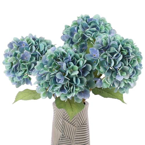 mizii 4Pcs Blue Green Artificial Hydrangea Flowers Large Fake Silk Hydrangea Flower with Leaves Stems Realistic Faux Hydrangeas Decorations for Wedding Table Centerpieces Vase Home Decor (Blue Green)