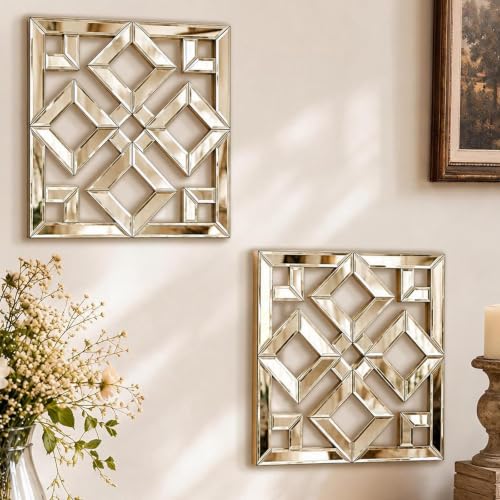 opulinea Square Decorative Wall Mirror 12 x 12 Inch, Silver Frameless Mirror Wall Decor with Beveled Edge, Modern Wall Mounted Accent Mirror for Living Room, Bedroom, Hallway, Set of 2