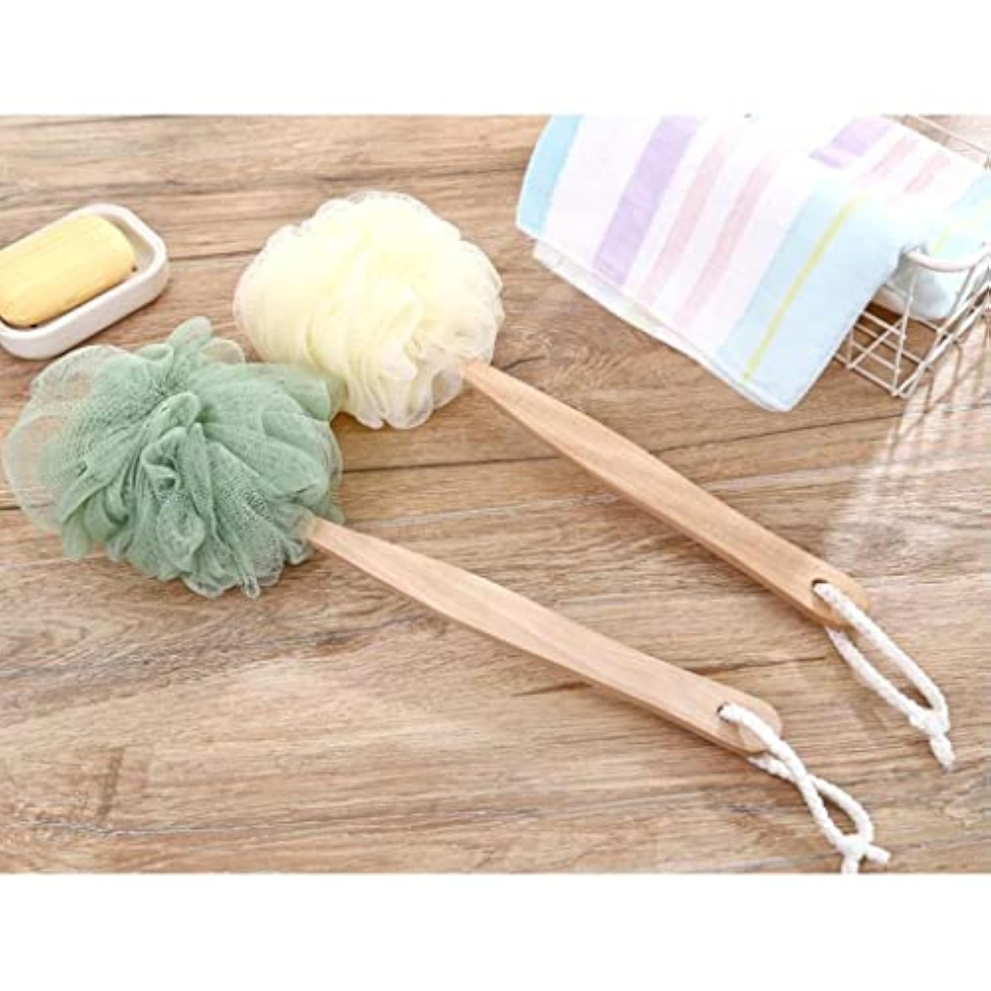Long Handle Exfoliating Mesh Shower Puff Scrubber, 2 Piece Set