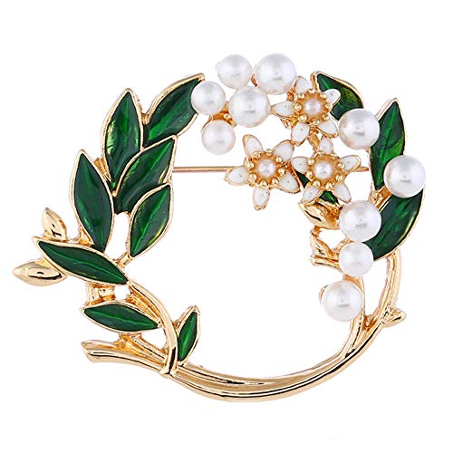 La Espoir Pearl Flower Garland Broach Pin Green Enamel Leaf Clothes Jewelry Floral Circle Pins Gift for Mom