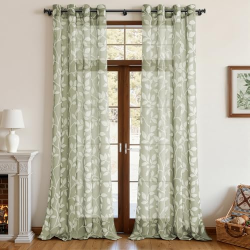 CUTEWIND Rideau Salon Voile Gris Vert Rideau Chambre 2 Pièces à Oeillets 140x260 cm (L x H), Rideau Voilage Transparent avec Motif Feuilles Blanches...