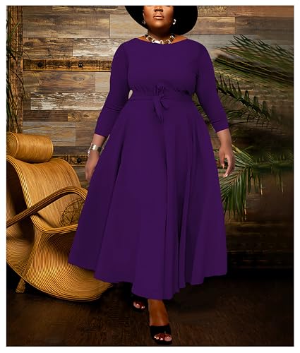 Image of Hostoyo Women Plus Size Formal A Line Maxi Dress Self Tie Waist with Pockets Elegant Round Neck Swing Long Dresses