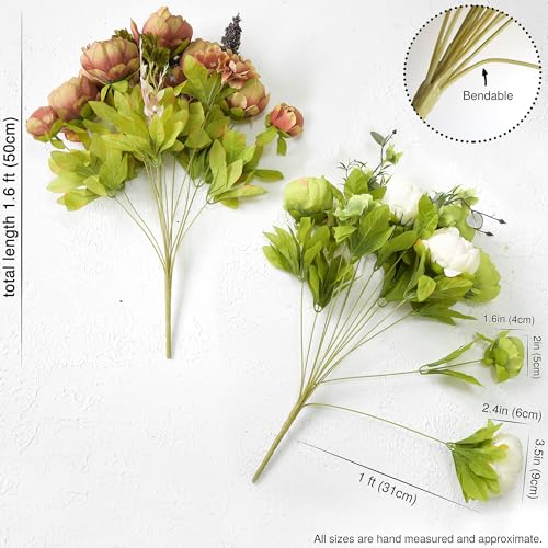 Image of FiveSeasonStuff Rustic Brown, Beige & Green Artificial Peony Bouquets, 2 Silk Flower Bundles with Hydrangeas for Wedding & Dining Table Centerpieces, Living Room & Home Decor
